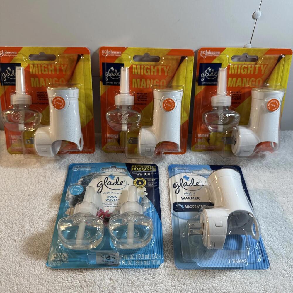 3 Glade Plugin Scented Oil Starter Kit Mango, Plug with Aqua Waves 2pk Refill